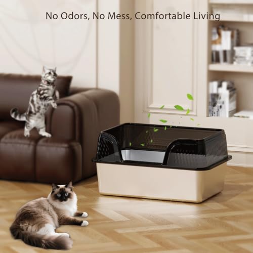 Stainless Steel Litter Box XL, Metal Litter Box with Lid - Extra Large Space with High Sides for Big Cats, Side Entry, Leak-Proof, Anti-Splashing, Transparent Black - color: Transparent Black, size: X-Large