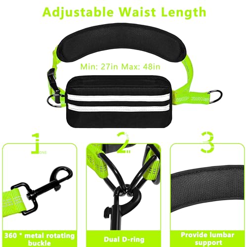 Hands Free Dog Leash with Zipper Pouch, Running Waist Leash for Dog Walking, Adjustable Waist Belt for Large Dogs, Reflective Bungee Design with Two Handle for Hiking, Training, Neon Green - color: Neon Green