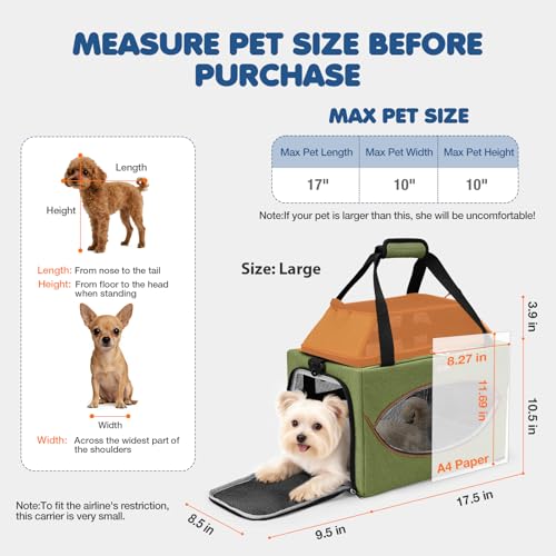 Top-Expandable Pet Carrier 18x11x11Inch Delta American United Airline Approved Underseat to 15lbs Stable Car Travel Carriers for Small Dogs Cats with Locking Safety Zippers Anti-Scratch Mesh - color: Dark Green, size: 18"x11"x11"