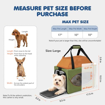 Top-Expandable Pet Carrier 18x11x11Inch Delta American United Airline Approved Underseat to 15lbs Stable Car Travel Carriers for Small Dogs Cats with Locking Safety Zippers Anti-Scratch Mesh - color: Dark Green, size: 18"x11"x11"