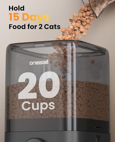 oneisall Cordless WiFi Automatic Cat Feeder for 2 Cats, Rechargeable 100-Day Battery Operated Auto Cat Feeder, 20 Cups/5L Timed Cats Food Dispenser Automatic for Large Kibble, Smart App Control