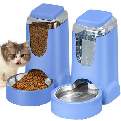HWONMTE Portable Automatic Cat Feeder and Water Dispenser with Stainless Steel Bowl Dog Gravity Food Feeder and Waterer for Small Medium Pets Puppy Kitten 1 Gallon x 2 (Sapphire Blue) - color: Sapphire Blue