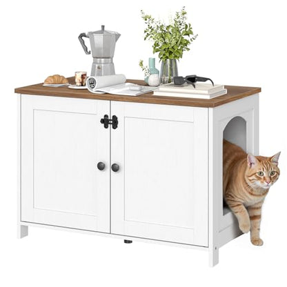 HOOBRO Litter Box Enclosure, Cat Litter Box Furniture with Removable Divider, Hidden Litter Box Furniture, Wooden Cat House, End Side Table, 31" L x 17.5" W x 19.7" H, White and Walnut WH03MW01G2 - color: White + Walnut