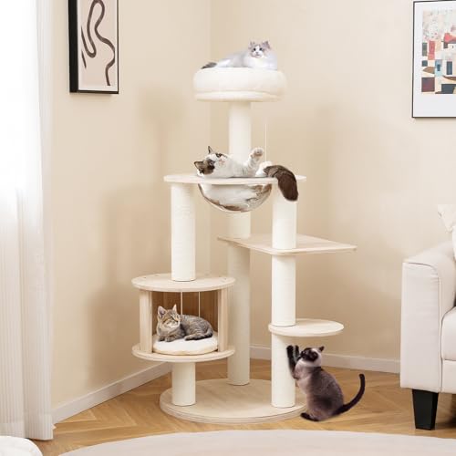 PETSITE 52 Inches Wooden Cat Tree, Multi-Level Modern Cat Tower with Scratching Posts, Space Capsule, Condo, Interactive Hanging Ball, and Top Perch with Removable and Washable Cushions