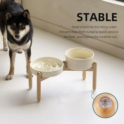 Havniva 8.2” Raised Slow Feeder Dog Bowls Set, 1.6 Cups Ceramic Slow Feeder Dog Bowl and 7.3” Dog Water Bowl with Elevated Wooden Stand Puzzle Dog Food Bowl for Medium Dogs Anti-Gulping & Anti-Choking - color: 2 x Light Yellow+Stand-A, size: 8.2inch