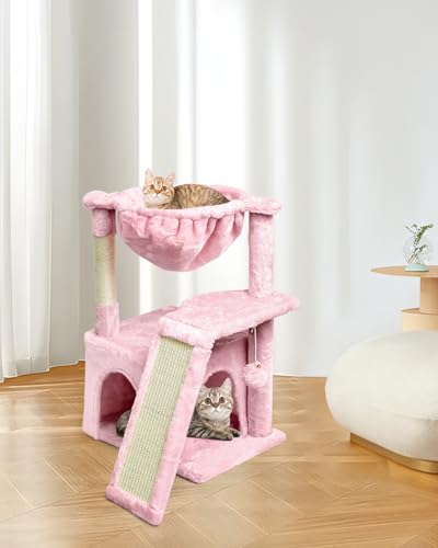 SYANDLVY Cat Tree for Indoor Cats Large Adults, Modern Activity Tower with Scratching Posts & Board, Condo with Plush Perch, Climbing Stand with Cradle & Hanging Ball for Play, Pink - color: Pink