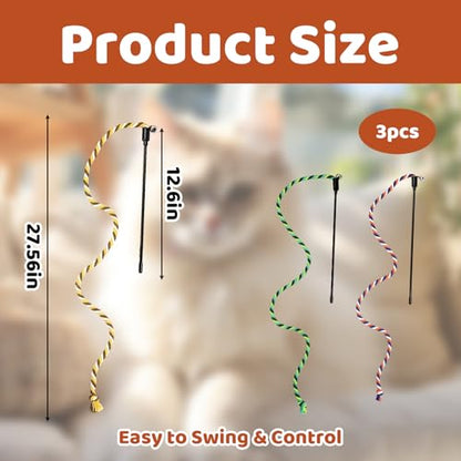 Cat Wand Toys for Indoor Cats, 3 Pack cat String Rope Toy Set, Colorful Interactive Teaser Wand with Rope Stick, Interactive Teaser Toys for Kittens and Adult Cats