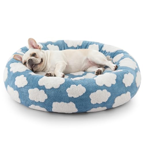 JOEJOY Donut Small Dog Bed, Round Cat Beds for Indoor Cats with Removable Washable Cover, Orthopedic Cute Puppy Kitten Pet Bed with Jacquard Shaggy Plush & Non Skid Bottom, Black - color: Blue, size: S (23x23x8)