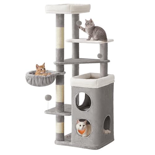 Feandrea Cat Tree, 60-Inch Cat Tower, Multiple-Level Plush Condo with 2 Caves, 3 Scratching Posts, 3 Perches, Dove Gray UPCT007G01 - color: Dove Gray