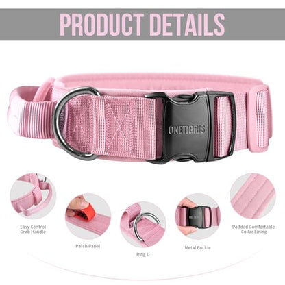OneTigris Tough Dog Collars, Tactical Dog Collar with Handle, Milltary Adjustable Dog Collar with Heavy Duty Metal Buckle for Training (Medium,Pink) - color: Pink, size: Medium
