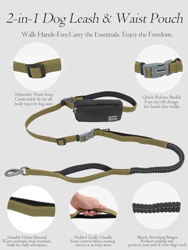Hands Free Dog Leash with Zipper Pouch & Waist Belt – Reflective Durable Bungee Leash with Dual Padded Handles for Walking, Jogging & Running, Fits Small to Large Dogs (Yellow) - color: Yellow