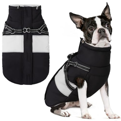 Small Dog Coat with Harness Built in, Warm Dog Jacket Winter with Zipper On Back, Waterproof Pet Snow Jacket Snowsuit Pet Sweater Clothes for Puppy, Black XS - color: Black, size: X-Small