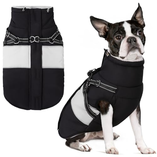 Dog Winter Coat, Waterproof Dog Coat Jacket with Harness for Medium Dogs Boys Girls, Reflective Fleece Lined Pet Snow Jacket Sweaters for Pug, Jack Russel, Boston Terrier, Black M - color: Black, size: Medium