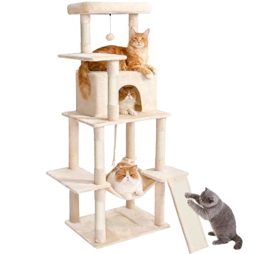 ABCPET Cat Tree Tower 63in Multi-Level Cat Tower for Indoor Cats with Sisal Scratching Posts, Condo, Hammock, Dangling Ball and Extended Platform for Cats to Play, Beige - color: Beige