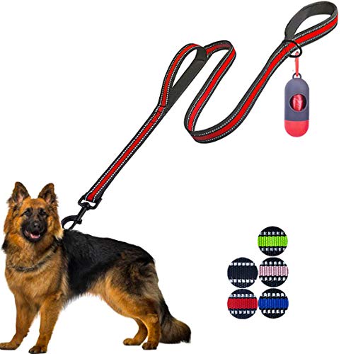 JSXD 5 FT Heavy Duty Double Handle Dog Leash with Comfortable Padded and Reflective Rope, Suitable for Small, Medium, Large Dogs (Wide-Red) - color: Wide-Red