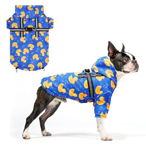 BEAUTYZOO Dog Raincoat Hooded with Harness Built-in for Small Medium Large Dogs Girls Boys, Dog Rain Jacket Slicker Poncho,Waterproof Dog Rain Coat Clothes for Winter Rainy Snowy Days, Yellow Duck, L - color: Duck Blue, size: L(Back 18.1", Chest 25.5", Ne