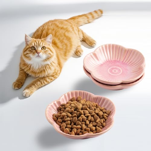 Cat Food Bowls, Ceramic Pet Plates, Cat Dish for Food, Water and Snack, 4.72 Inch, Indoor and Outdoor Use, Kitten Puppy and Small Animals Bowls Set of 3 (Pink) - color: pink