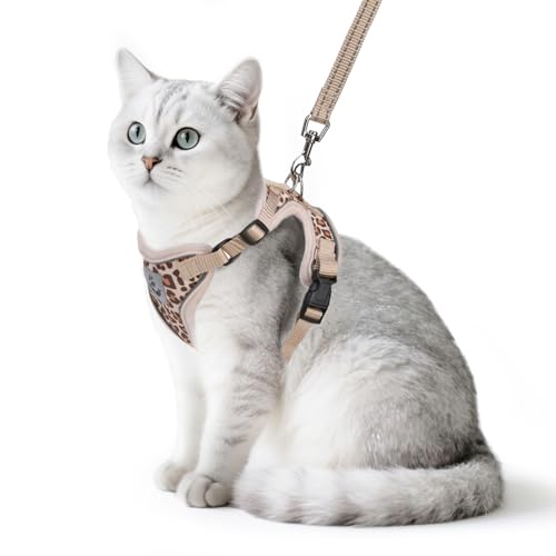 PUPTECK Cat Harness and Leash Set Escape Proof Reflective Cat Walking Harness Adjustable Soft Breathable Mesh Vest for Small Pets, Khaki Leopard Print, S - color: Khaki Leopard Print, size: S (NECK 9.5"-11", CHEST 13"-16")