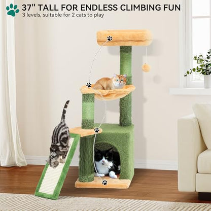 YITAHOME 37in Tall Cactus Cat Tree Tower with Self-Grooming Brush, Cute Cat Climbing Tower for Indoor Cats with Cat Condo, Plush Platform, Hammock, Sisal Scratching Posts, Dangling Ball - size: 1 piece