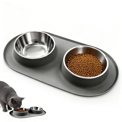 Double Cat Food Bowls with Silicone Base, Stainless Steel Dishes, Non-Slip Feeding & Water Station, Easy-Clean Pet Bowls for Cats, 1.75-Cup Capacity Each, Grey