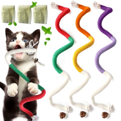 Cat Toys for Indoor Cats, Kitten Toys for Indoor Kittens, Catnip Rope Chew Toys for Teeth Cleaning, Interactive Cat String Toy, Kitty Kicker Toy, 3 Pack (Plus 3 Pouches of Catnip) - size: Large 3 Pack