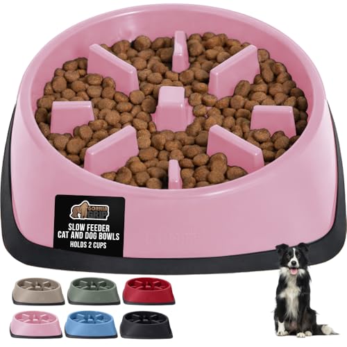 GORILLA GRIP® Patented BPA Free Slow Feeder Dog Bowls, Interactive Puzzle Toy for Dogs and Cats Food Training Enrichment, Keeps Pets Busy and Prevents Puppy Overeating, All Breeds, 2 Cup, Pink - color: Pink, size: 2 Cup