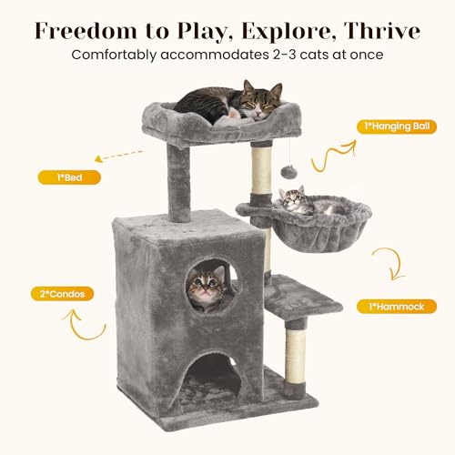 Fansafurn Modern Cat Tree with Scratching Posts, Cat Bed, Hammocks & Condos – Multi-Level Cat Tower for Playful Cats, 36" Modern Cat Tree Tower, Grey - color: Light Grey