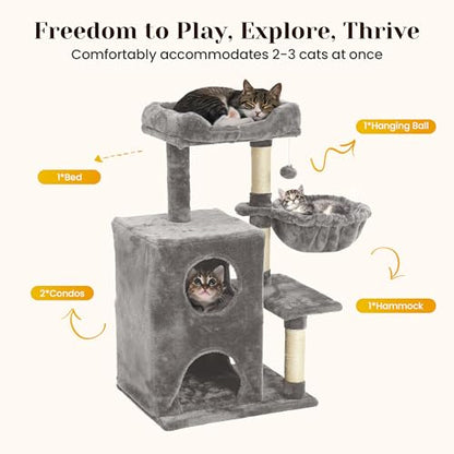 Fansafurn Modern Cat Tree with Scratching Posts, Cat Bed, Hammocks & Condos – Multi-Level Cat Tower for Playful Cats, 36" Modern Cat Tree Tower, Grey - color: Light Grey