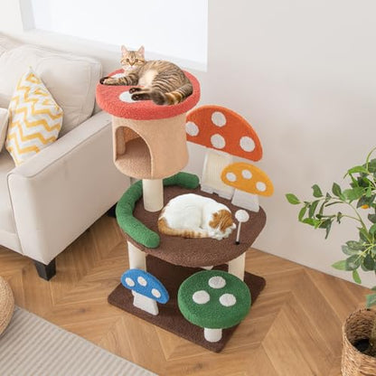 Tangkula Mushroom Cat Tree, Cute Cat Tower with Full-Wrapped Sisal Post, Scratching Board & Spring Ball, Cat Condo, Flower Cat Tree Tower for Indoor Cats Large Adult (40.5 Inch) - size: 40.5 Inch