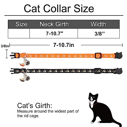 2 Pack Breakaway Cat Collar with Bells, Adjustable Moon and Star Kitten Safety Collars for Boys & Girls, Black+Orange - color: Black+Orange