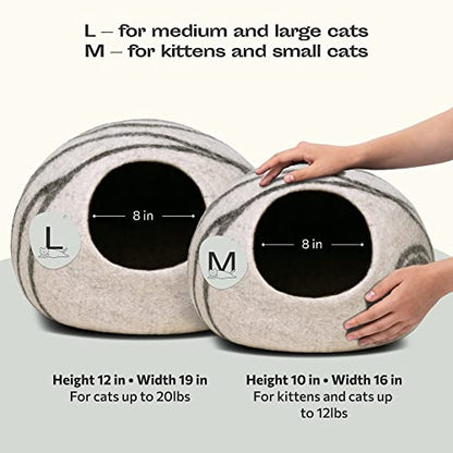 Meowfia Premium Felt Cat Bed Cave (Light Grey/Medium) and Wool Ball Toys (6-Pack) Bundle