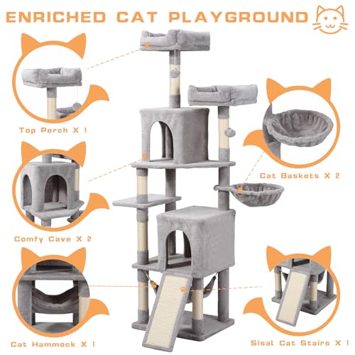 Letkind Cat Tree, 70-Inch Cat Tree Tower with Hammock, Scratching Post, Condo and Multi-Level Cat Tower, Large Cat Activity Center Playhouse, Light Gray LCT015 - color: Light Grey