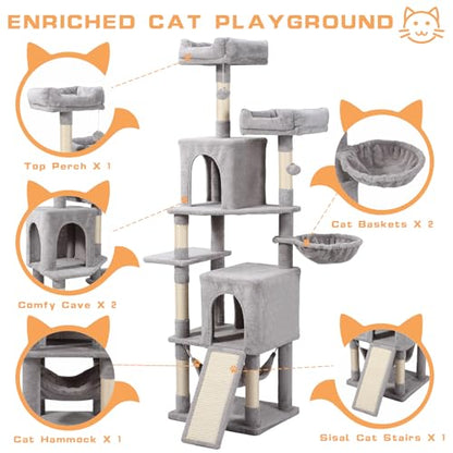 Letkind Cat Tree, 70-Inch Cat Tree Tower with Hammock, Scratching Post, Condo and Multi-Level Cat Tower, Large Cat Activity Center Playhouse, Light Gray LCT015 - color: Light Grey
