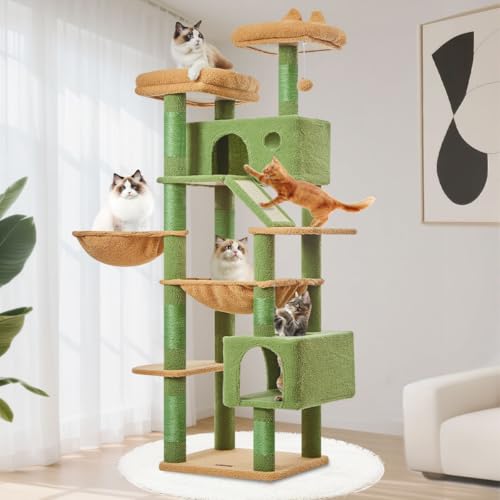 Taoqimiao Cactus Cat Tree, 71-Inch Cat Tower for Indoor Cats Large Adult, Multi-Level Large Cat Condo, 8 Sisal Scratching Posts, Metal Frame Cozy Hammock, Scratch Board, 2 Top Perches, MSC026L - color: Cactus, size: 71 Inches