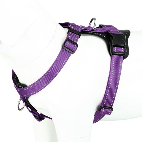 Plutus Pet Adjustable No Pull Dog Harness with Leather Accents, Heavy Duty Reflective Nylon Vest for Training, Hiking, Easy Walk Harness for Small, Medium, Large Dogs (Purple, M) - color: Purple, size: M
