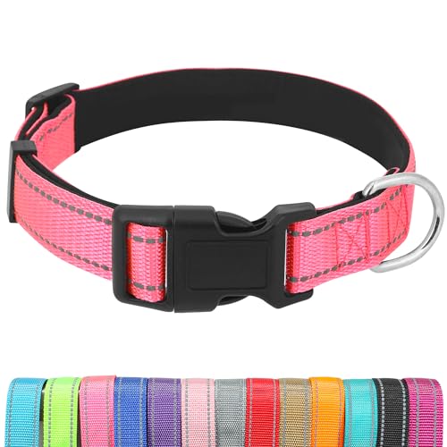 Dog Collars Adjustable for Medium Dogs,Heavy Duty Waterproof Dog Collar with Quick Release Buckle,Girl Boy Female Male Reflective Nylon Dog Collar with Soft Neoprene Padded,M,Hot Pink - color: Hot pink, size: Medium