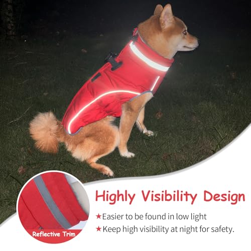Dog Coat, Reflective Dog Jacket Waterproof Windproof Puppy Cold Weather Coats with Harness Built in, Winter Extra Warm Pet Coat Fleece Vest for Small Large Pets and Puppy (Red, Large) - color: Red, size: Large