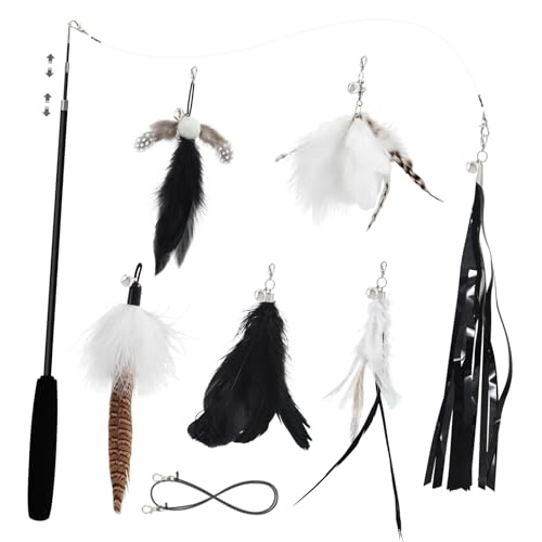 Cat Wand Toys for Indoor Cats - Cat Toy Set with Retractable Teaser Wand and 6 PCS Feather Toy Refills, Dragonfly Tassel Cat Toys Interactive, Black - color: Black