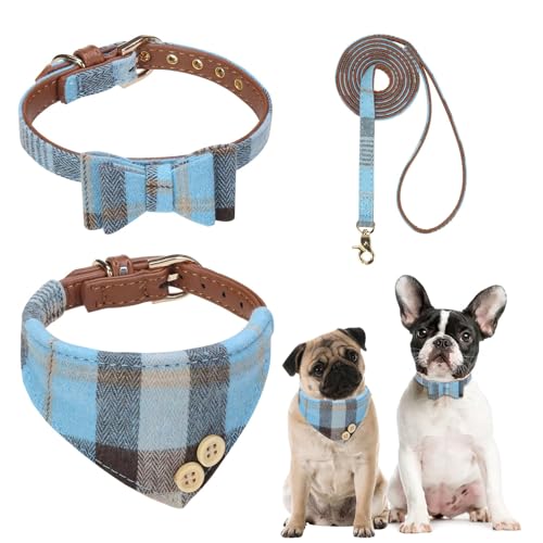 BINGPET Puppy Collar and Leash Set for Medium Dogs, Plaid Bowtie Dog Collars Bandana for Boy Girl Dogs, Cute Adjustable Collar and Leash Set with Bow for Dog Cat Outdoor Walking, Blue M (No Bell) - color: Blue, size: M(Neck Girth 11"-16")