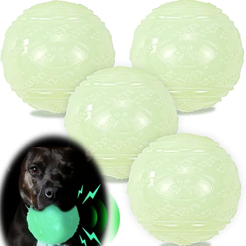 LECHONG 4-Pack 3.5” Glow Squeaky Dog Balls,Bouncy Glow in The Dark Dog Ball with Squeaker, Durable Dog Rubber Ball Toys Glowing Fetch Balls for Medium Large Dogs Nighttime Playing Indoors & Outdoors - size: 3.5in Large