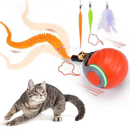 BABORUI Interactive Cat Toy Ball - Automatic Interactive Cat Toys for Indoor Cats with 3 Tails, 2 Speeds Rechargeable Enrichment Toys for Small/Medium/Large to Keep Them Busy (Orange) - color: Orange