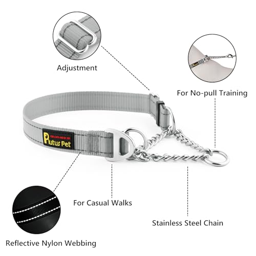 Plutus Pet Martingale Dog Collar with Stainless Steel Chain and Reflective Nylon, Adjustable No Pull Training Collar, for Small Medium, and Large Dogs, Gray, M - color: Gray, size: Medium