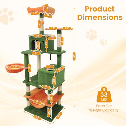 PETSITE 66 Inches Tall Cat Tree, Multi-Level Cat Tower with Sisal Scratching Posts, Side Basket, 2 Comfy Condos, Hammock, Soft Padded Top Perch, and Hanging Balls, Ideal for Indoor Cats (Green) - color: Green