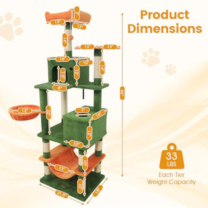PETSITE 66 Inches Tall Cat Tree, Multi-Level Cat Tower with Sisal Scratching Posts, Side Basket, 2 Comfy Condos, Hammock, Soft Padded Top Perch, and Hanging Balls, Ideal for Indoor Cats (Green) - color: Green