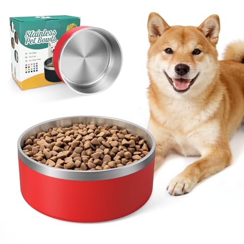 IKITCHEN Dog Bowl for Food and Water, 64 Oz Stainless Steel Pet Feeding Bowl, Durable Non-Skid Double Wall Insulated Heavy Duty with Rubber Bottom for Medium Large Dogs (64 Ounces/8 Cup, Red) - color: Red, size: 64 Ounces