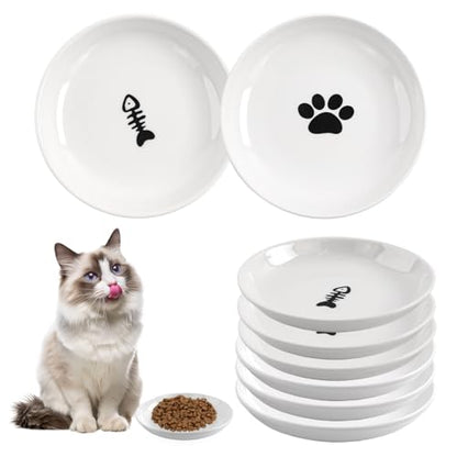 6 Pack Cat Food Bowl, Ceramic Cat Bowls, Anti Whisker Fatigue Cats Bowl Set,5.5 Inches Shallow Wide Kitten Plates for Food and Water (White-A) - color: White-A