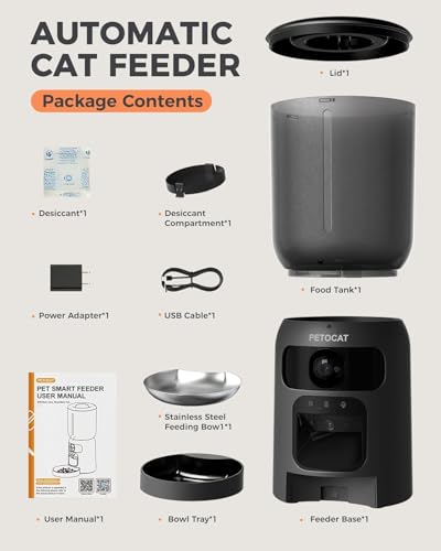 PETOCAT AI Automatic Cat Feeder with 2K HD Dual Cameras,5G&2.4G Wi-Fi 6L Cat Food Dispenser with Cats Recognition& Diet Tracking, Laser Interactive Toy & Two-Way Audio
