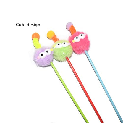 IUHKBH Cat Wands, 3 PCS Fluffy Ball Teaser Wands Interactive Kitten Toys Adorable Cat Toys No Noise Kitty Wand for Energetic Kittens