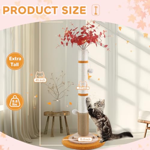 Cat Scratching Post,45'' Tall Scratching Post for Indoor Cats Adults,Cat Scratcher with 3.5Inch Diameter,Sisal Rope,Interactive Ball Toys,Self Groomer Brush for Large Cats Kittens - color: yellow-45inch