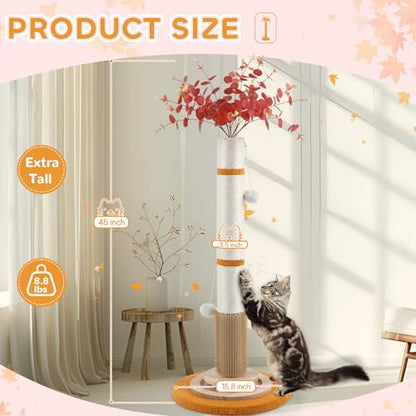 Cat Scratching Post,45'' Tall Scratching Post for Indoor Cats Adults,Cat Scratcher with 3.5Inch Diameter,Sisal Rope,Interactive Ball Toys,Self Groomer Brush for Large Cats Kittens - color: yellow-45inch